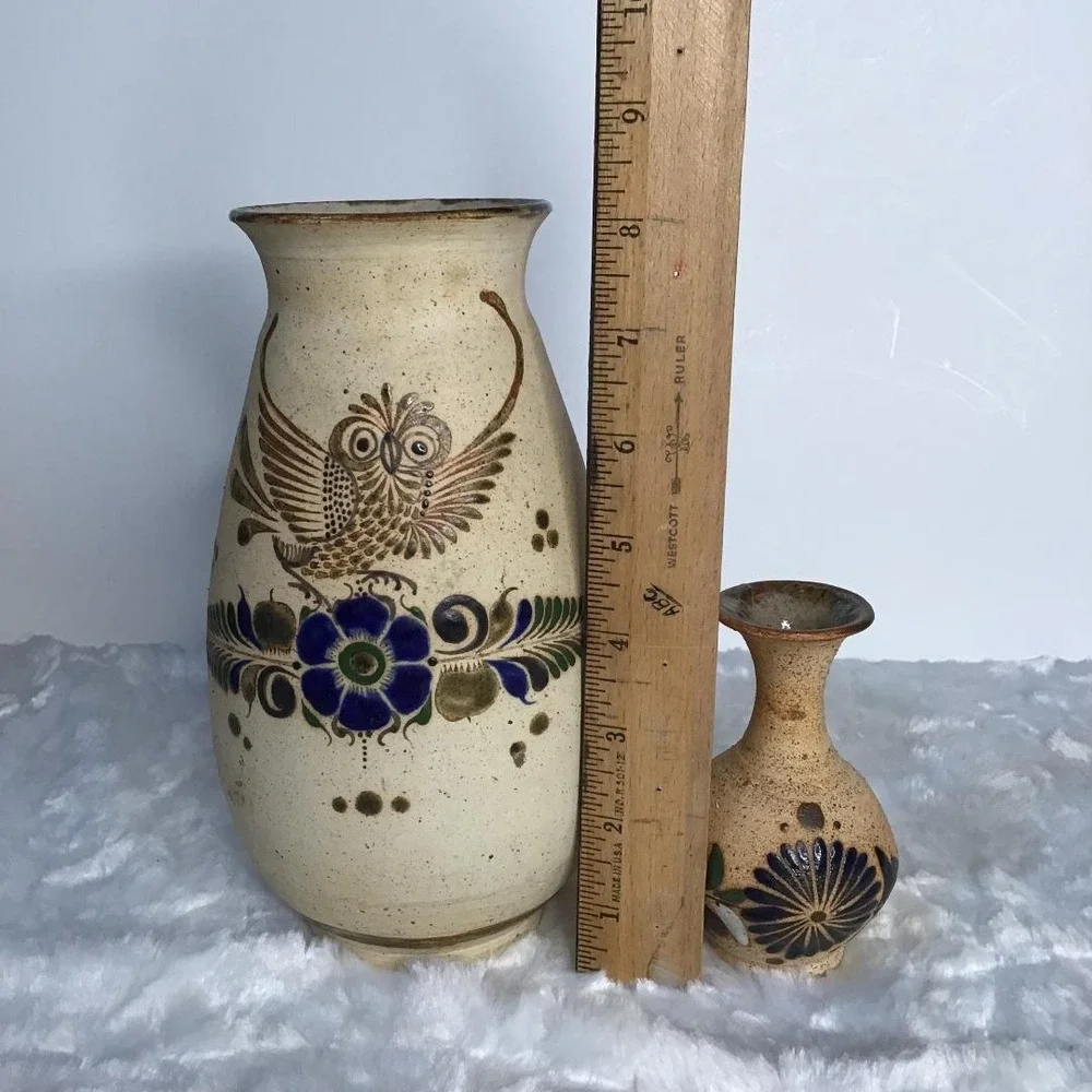 Vintage Tonala Mexican Pottery Owl Vase Set Hand Painted Folk Art Signed Western